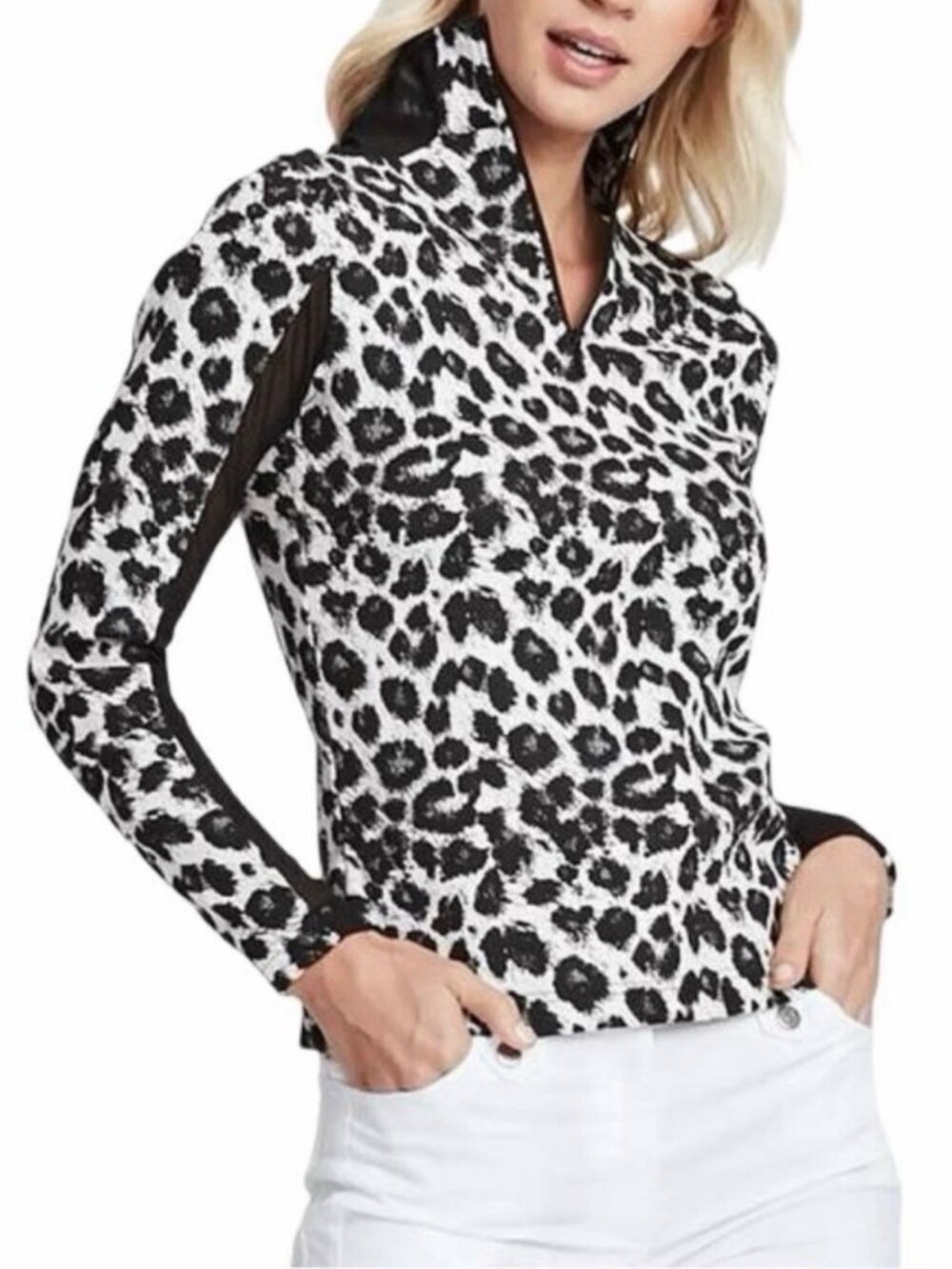 Anatomie Leopard Print 1/4 Zip Top S Black White Mesh Sleeve Travel Golf Stretch